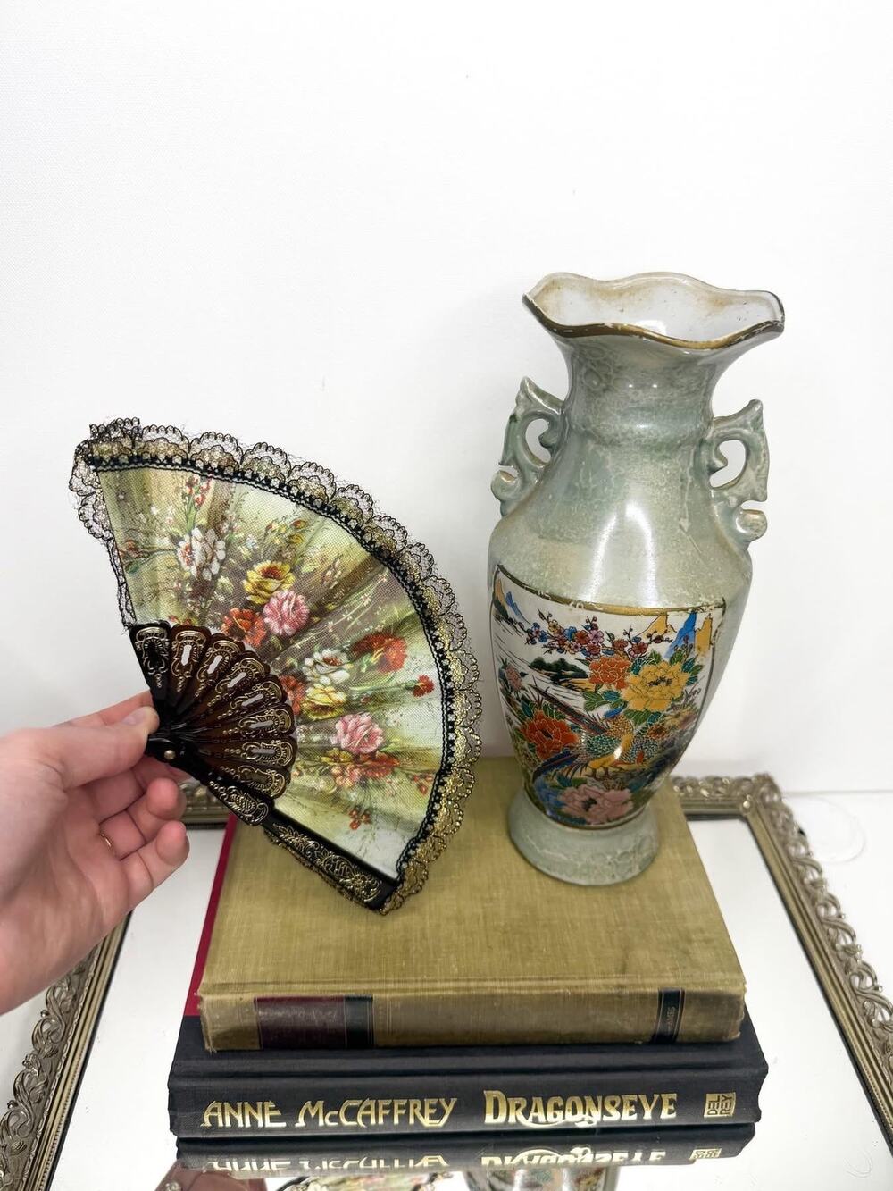 Vintage Japan Peacock & Floral Design Vase With Two Handles